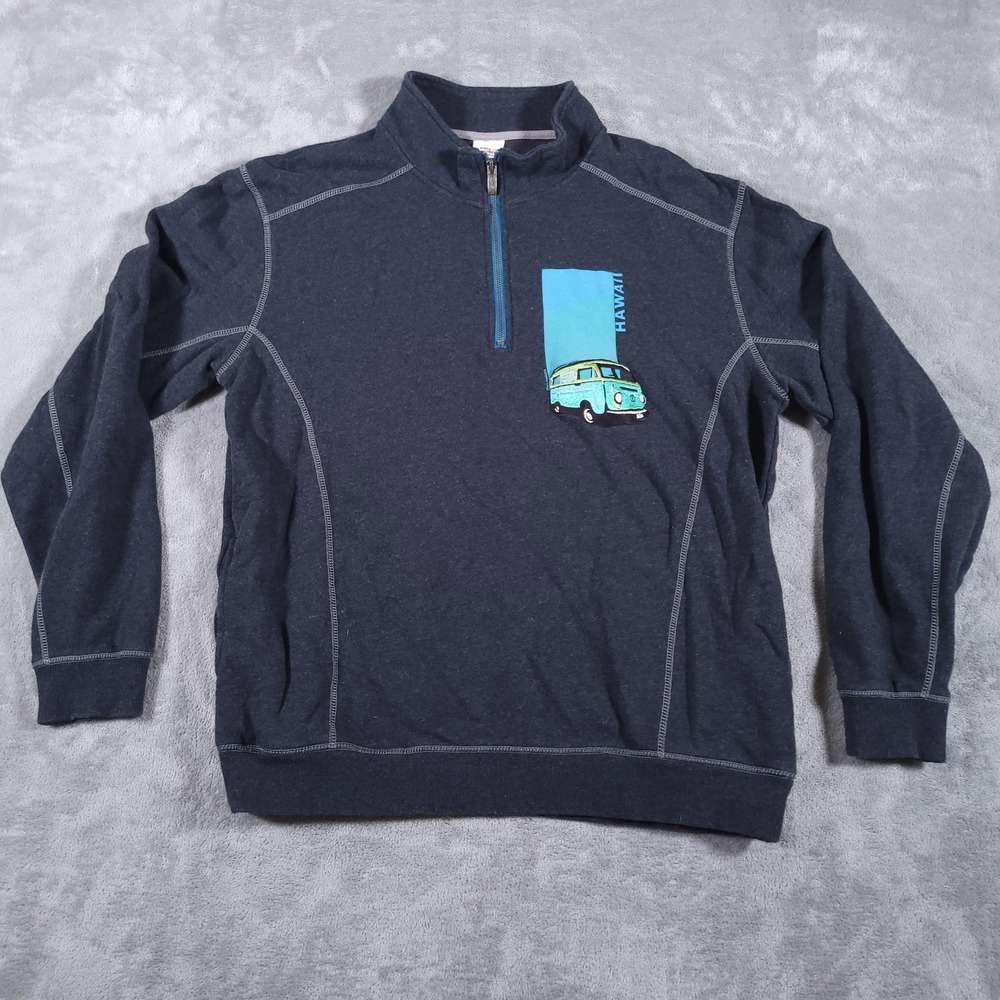 Crazy Shirt Pullover Mens Large Blue Hawaii Van Embroidery Half Zip Sweater Surf